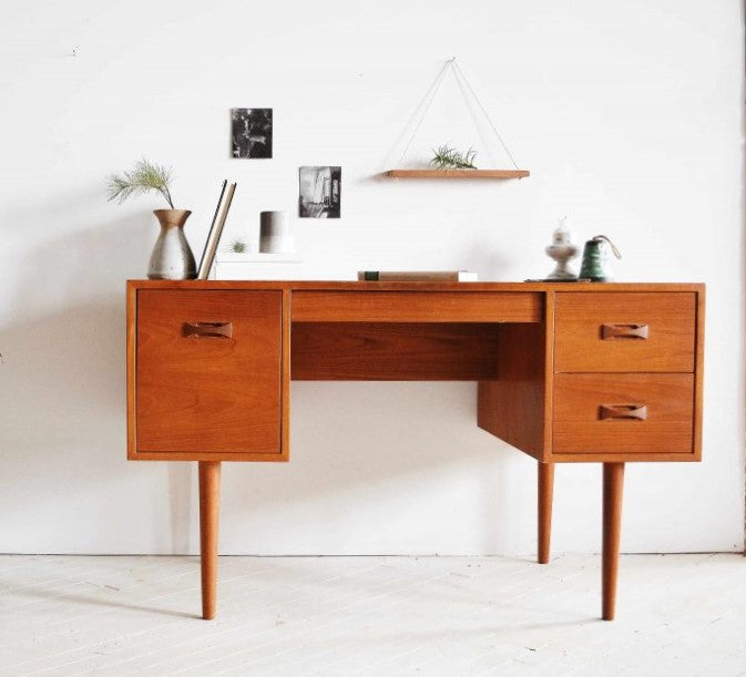 REFINISHED Mid Century Modern Teak Desk with Finished Back