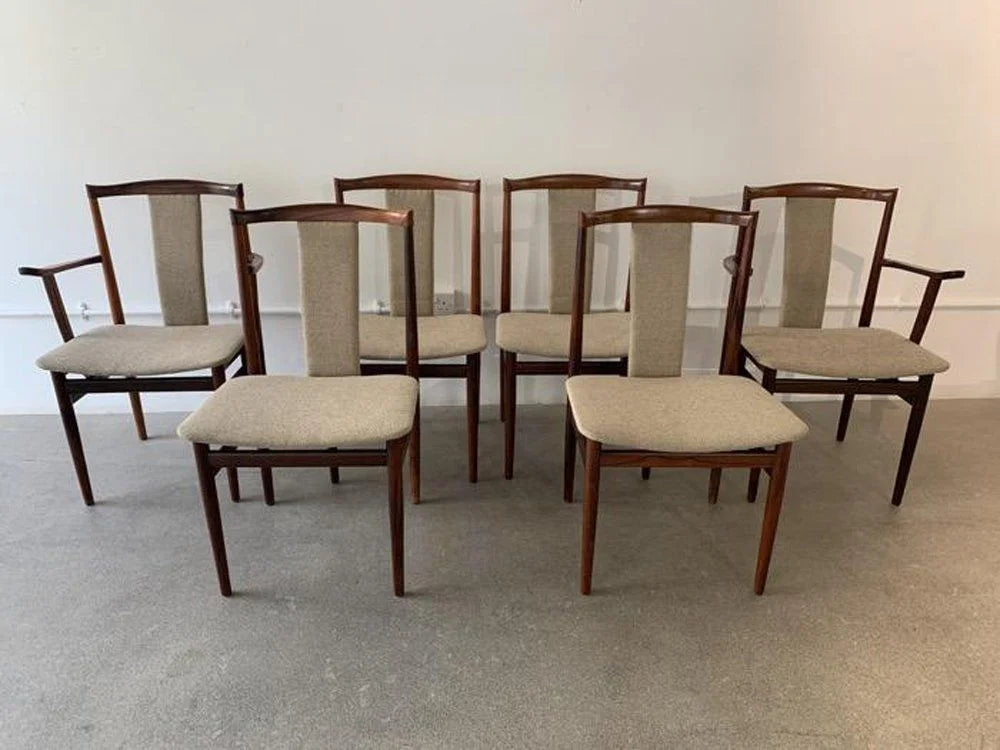 6 RESTORED Danish MCM Brazilian Rosewood Chairs by Henning Sørensen will be REUPHOLSTERED