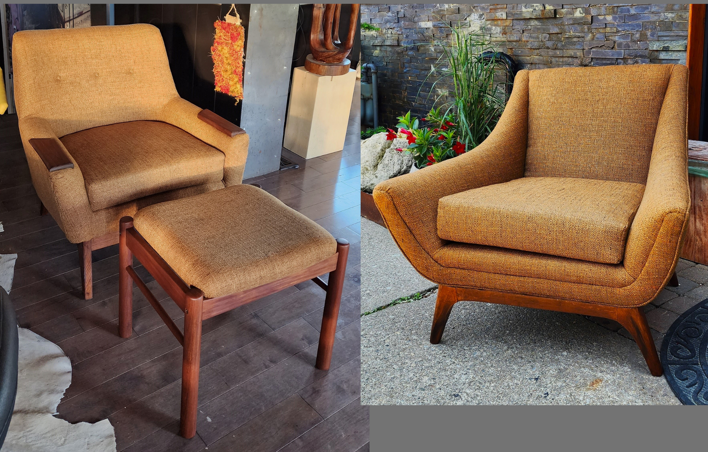 2 REFINISHED REUPHOLSTERED Mid Century Modern Armchairs & Ottoman