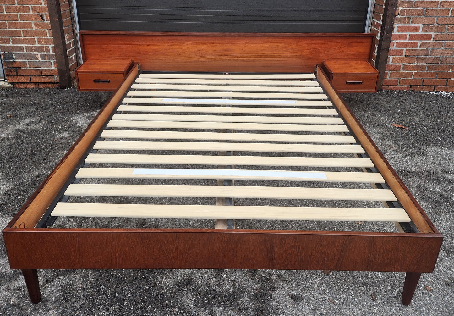 REFINISHED Mid Century Modern Teak Bed w Floating Nightstands Queen