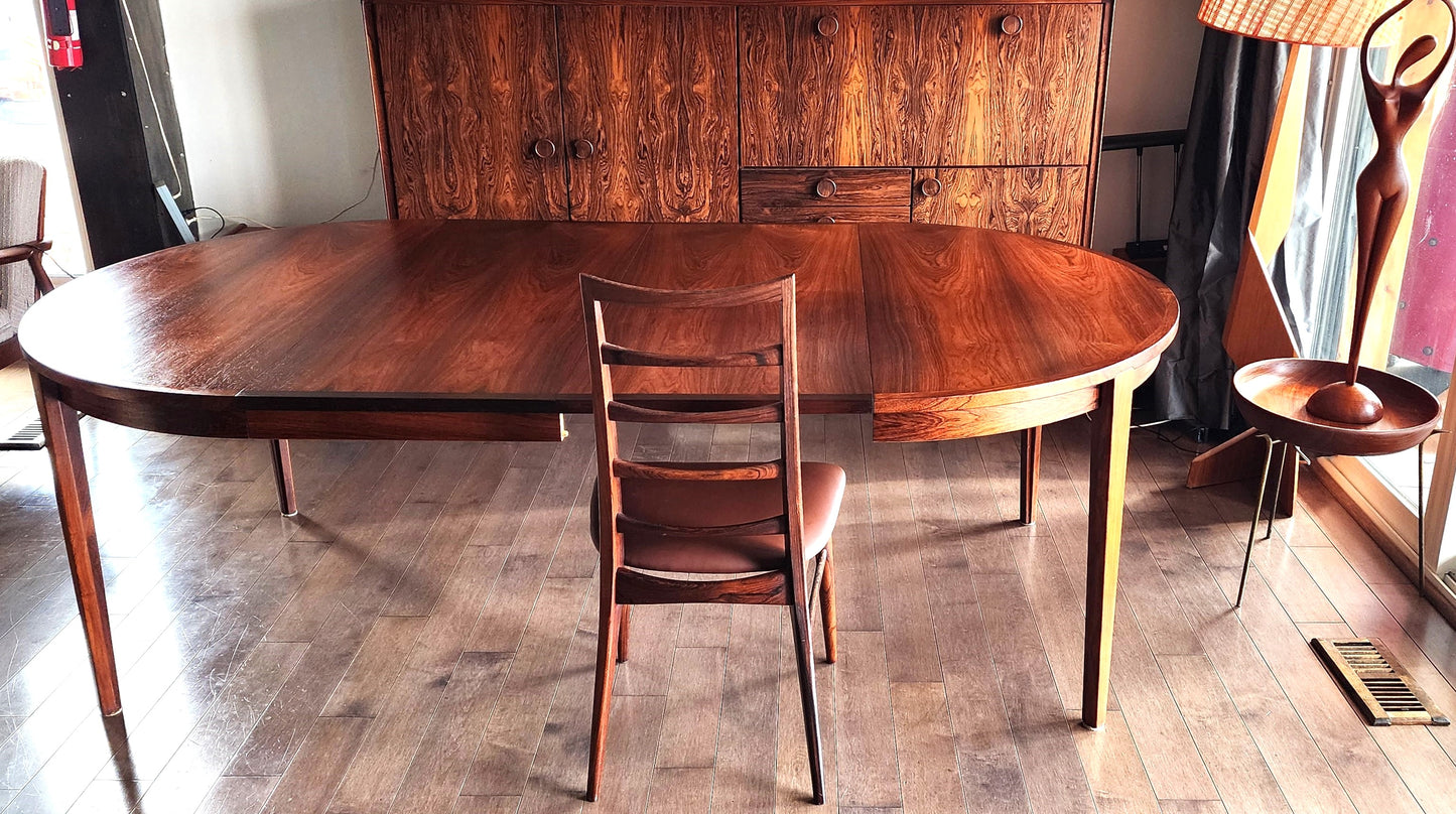 REFINISHED Danish MCM Rosewood Table Round w 2 Leaves by H.Rosengren Hansen 47"- 86"
