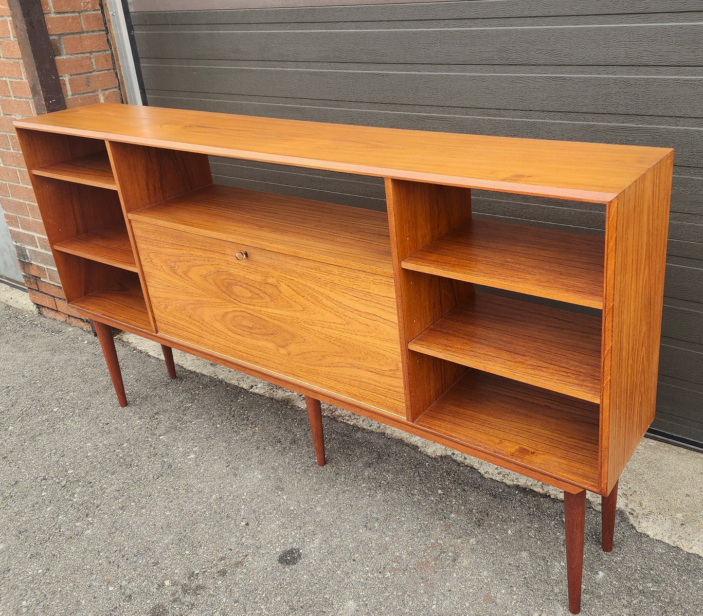 REFINISHED Danish MCM Teak China Cabinet/ Display with Bar 6 ft narrow