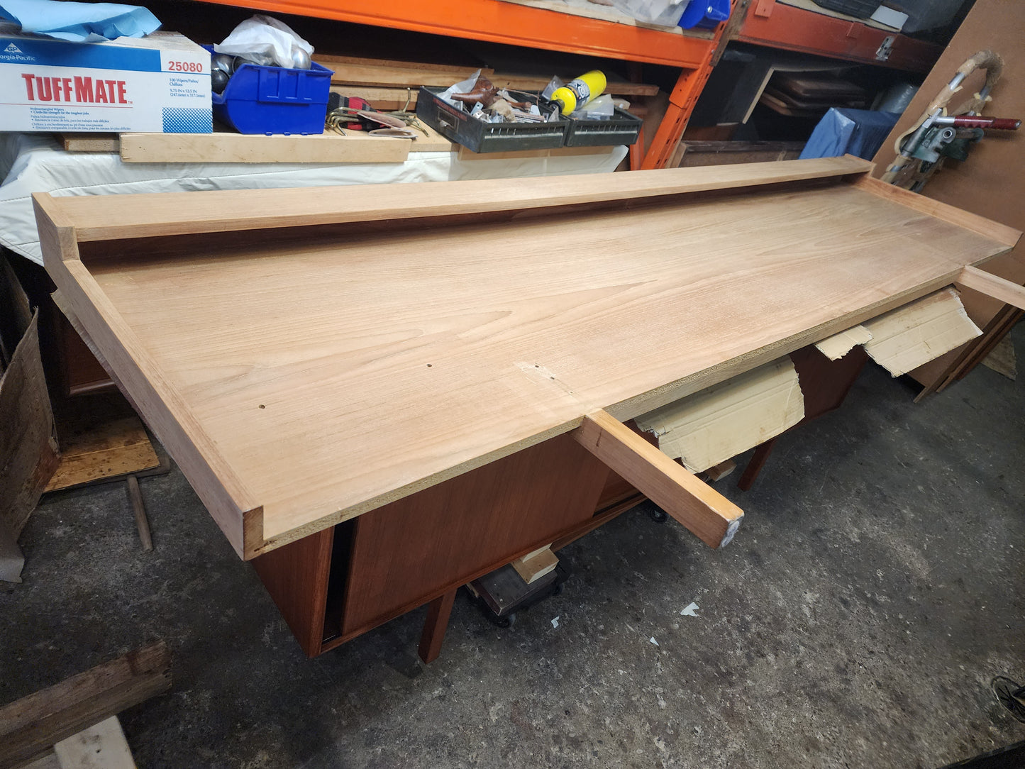 REFINISHED Mid Century Modern Teak Bed Queen w Floating Nightstands & Lighting