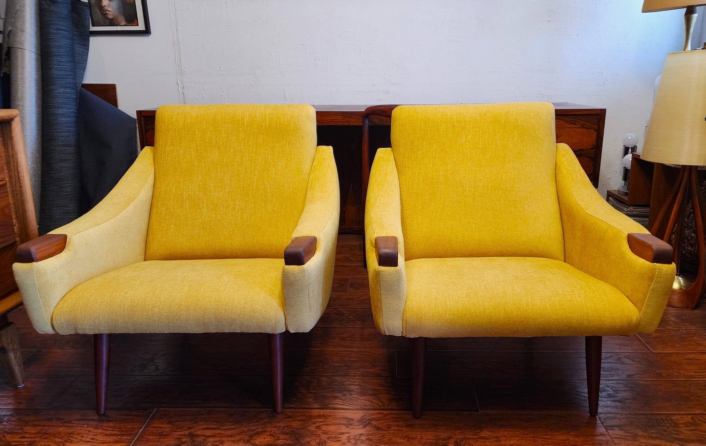 Choose fabric*** REFINISHED Danish Mid Century Modern Lounge Chairs with Teak Paws & Legs, Set of 2