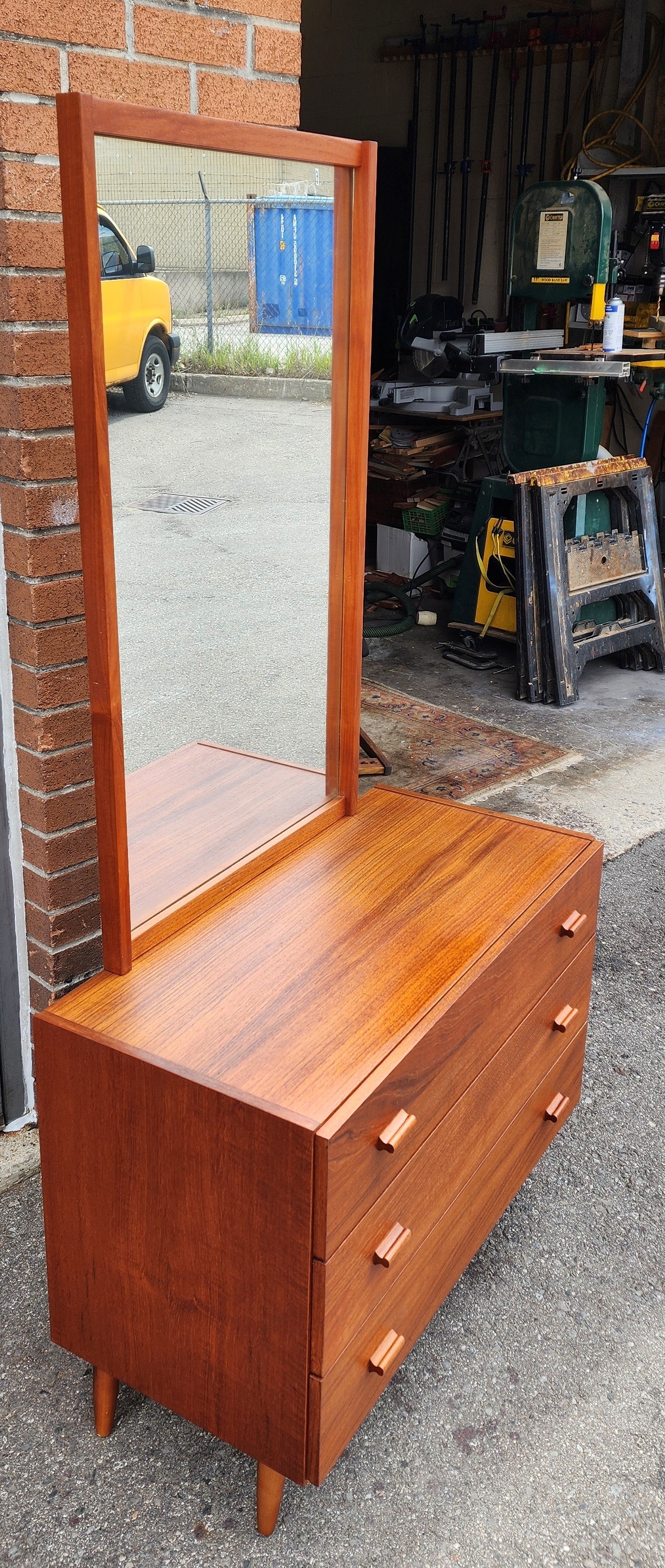 REFINISHED Danish Mid Century Modern Teak Cabinet with Drawers & Mirror