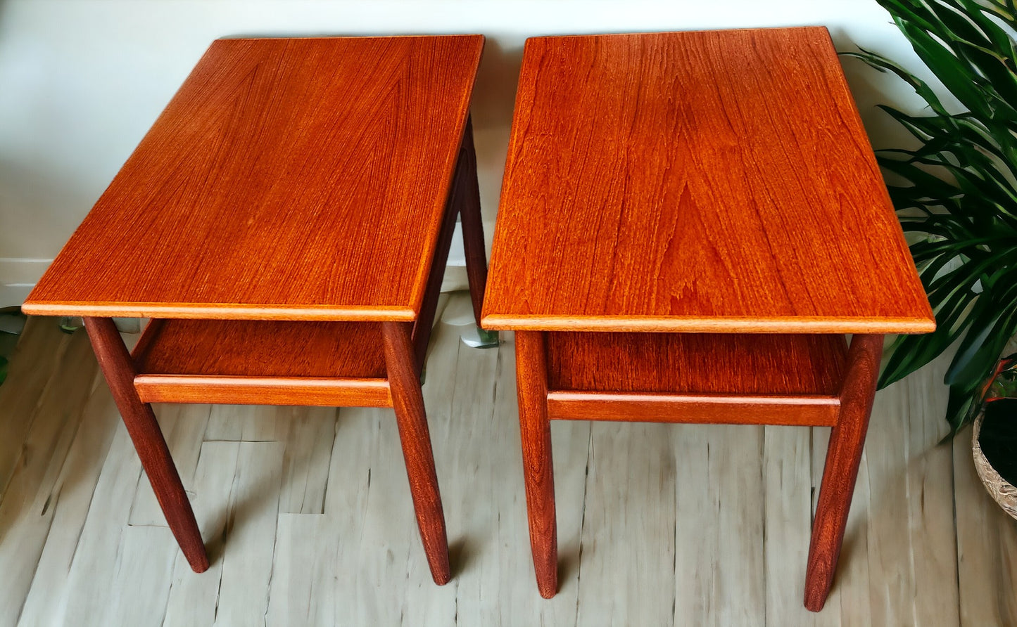 2 REFINISHED Mid Century Modern Teak Accent Tables with Shelves