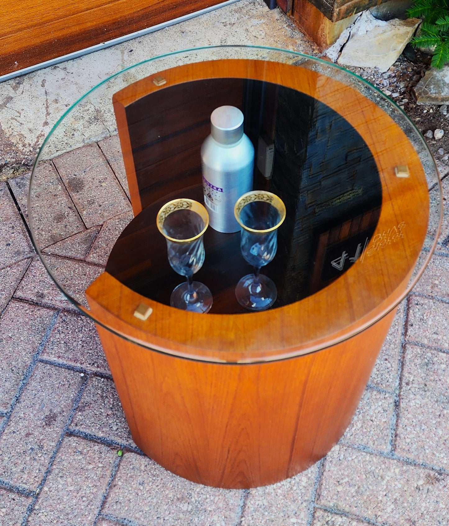 REFINISHED Mid Century Modern Teak Lunar Side Table / Bar by RS Associates