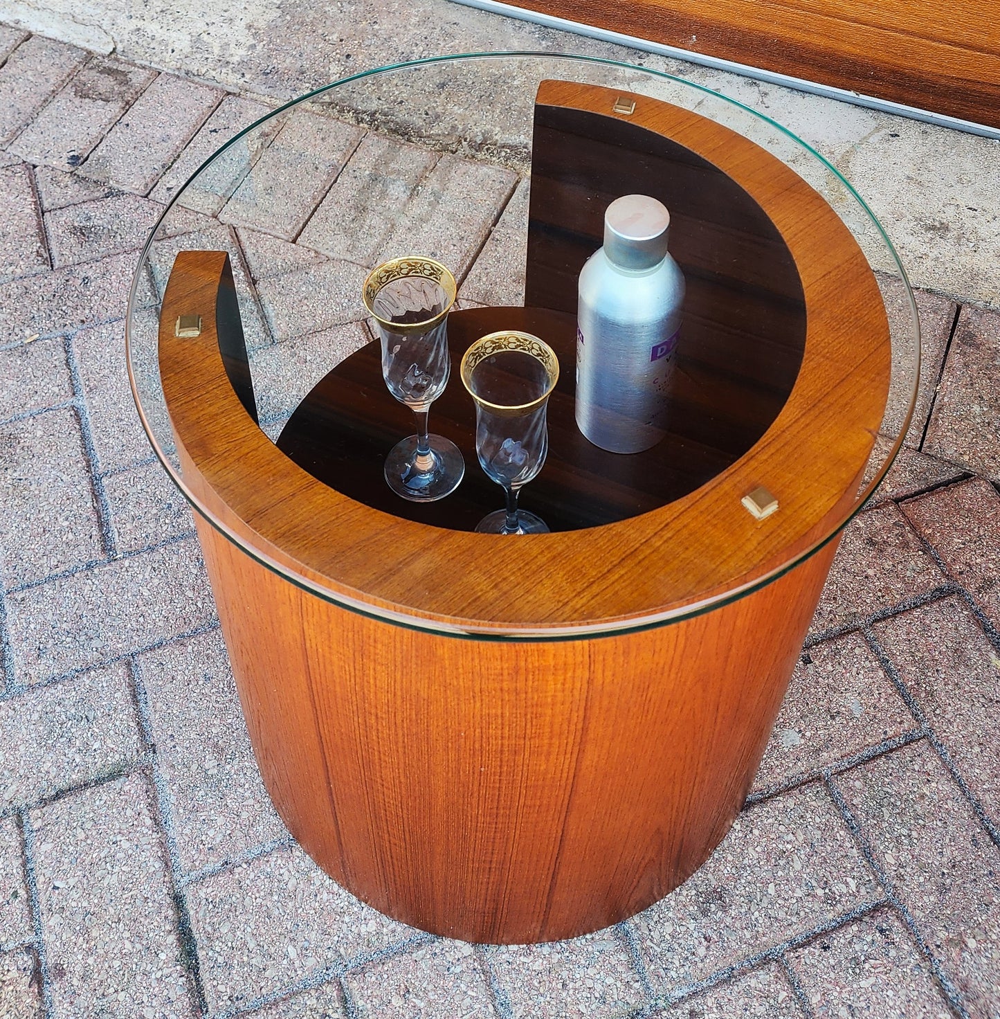 REFINISHED Mid Century Modern Teak Lunar Side Table / Bar by RS Associates