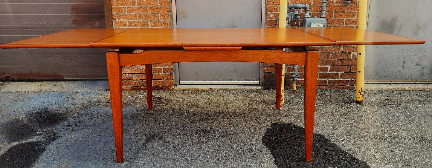 REFINISHED Danish Mid Century Modern Teak Floating Draw Leaf Dining Table 52"-90"