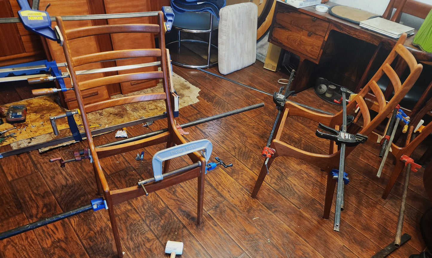 Choose Fabric***6 REFINISHED Mid Century Modern Teak Ladderback Chairs