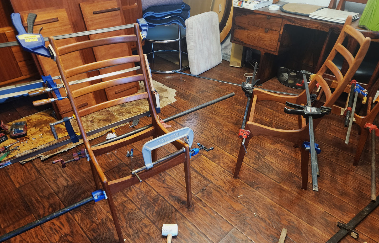 Choose Fabric***6 REFINISHED Mid Century Modern Teak Ladderback Chairs