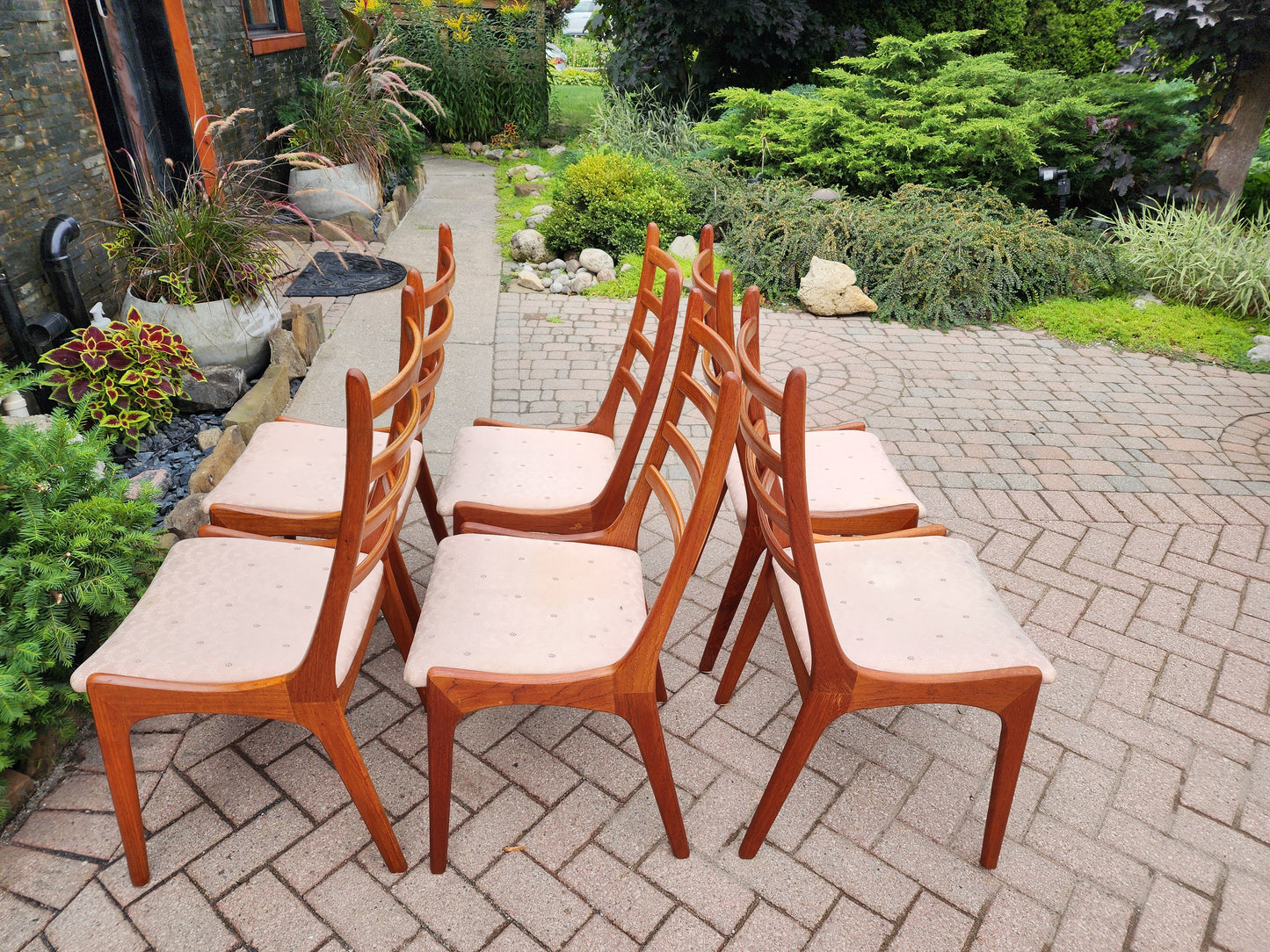 Choose Fabric***6 REFINISHED Mid Century Modern Teak Ladderback Chairs
