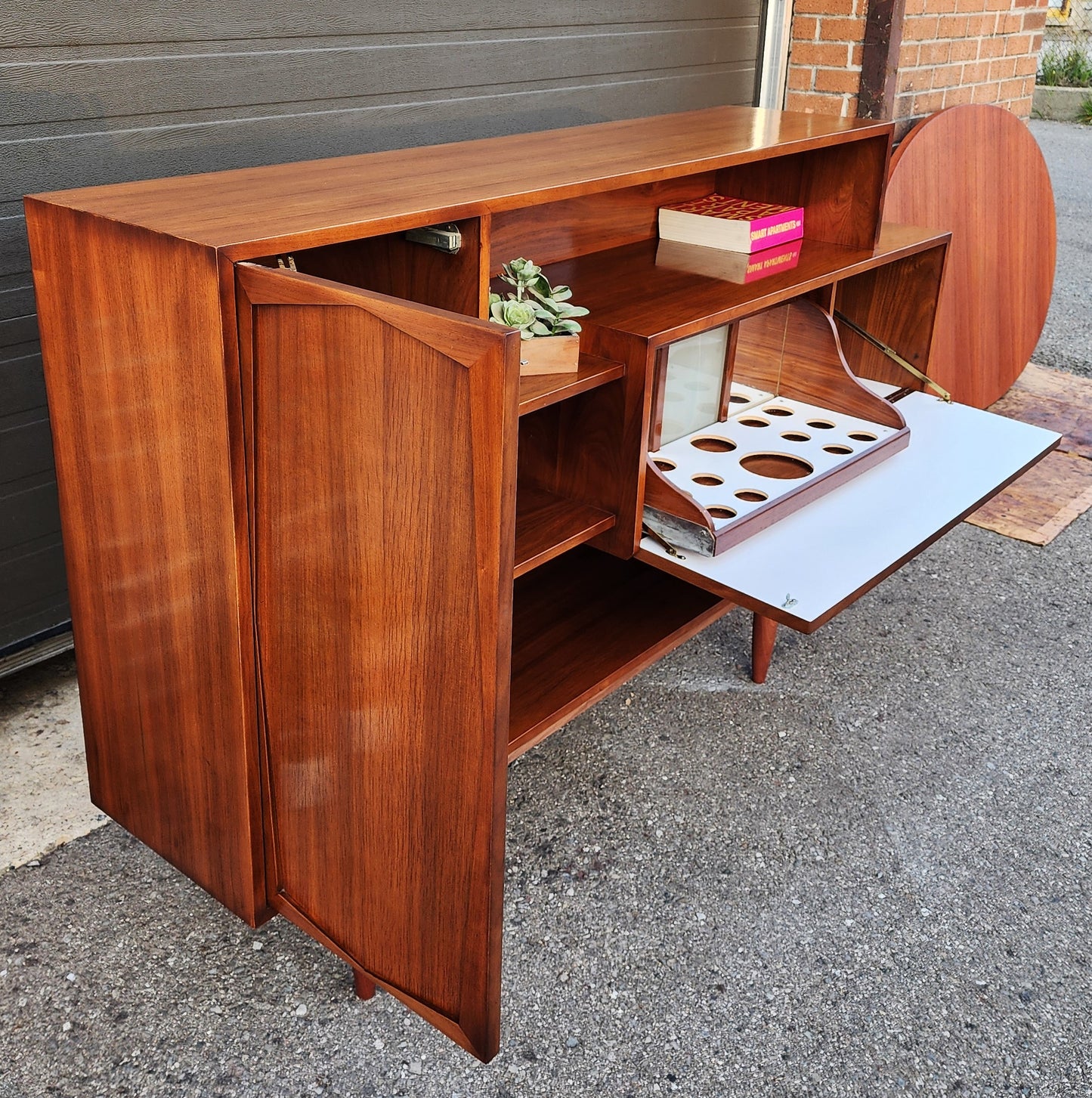 Sculptural Mid Century Modern Walnut Bar Cabinet 69"