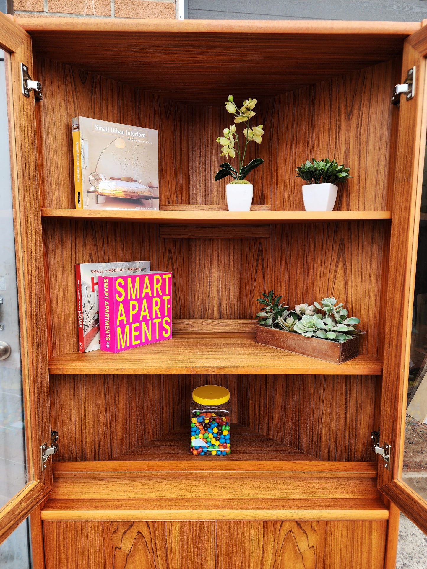 RESTORED Mid Century Modern Teak Lighted Corner Cabinet
