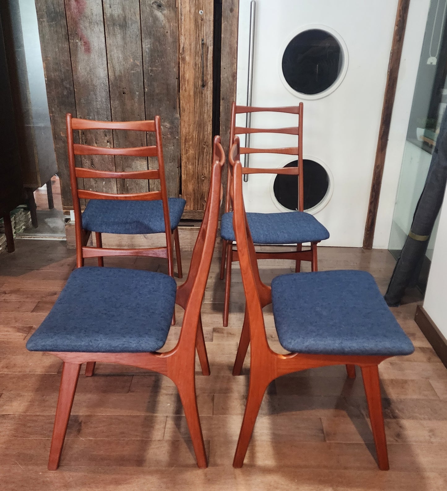 4 REUPHOLSTERED & REFINISHED Danish Mid Century Modern Teak Ladderback Chairs