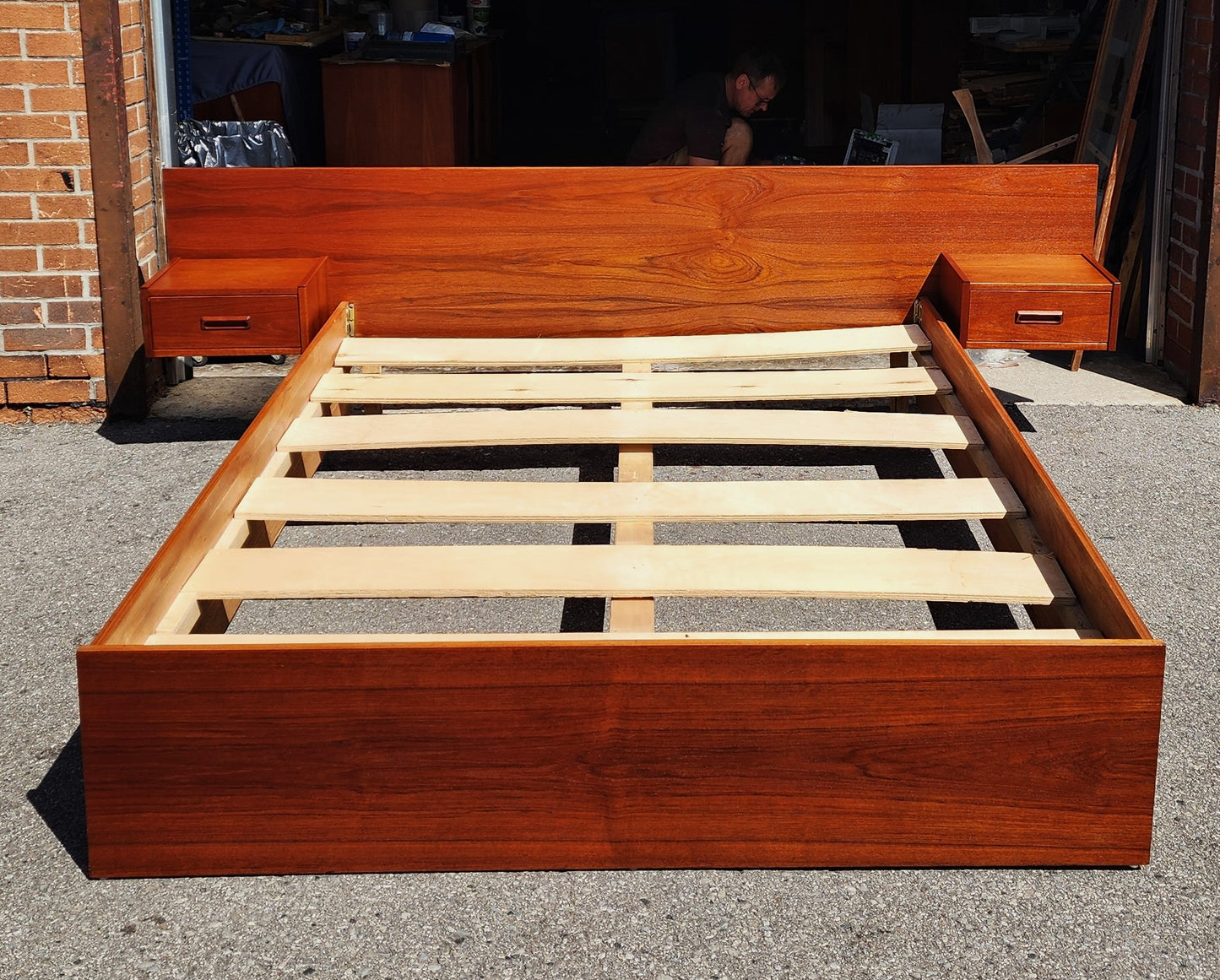 REFINISHED Mid Century Modern Teak Bed w Floating Nightstands Queen size