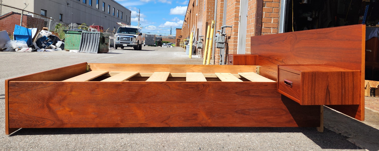 REFINISHED Mid Century Modern Teak Bed w Floating Nightstands Queen size