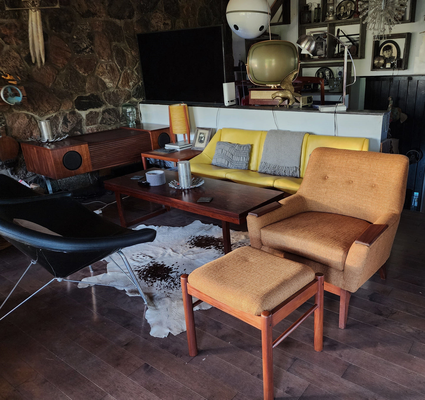 2 REFINISHED REUPHOLSTERED Mid Century Modern Armchairs & Ottoman