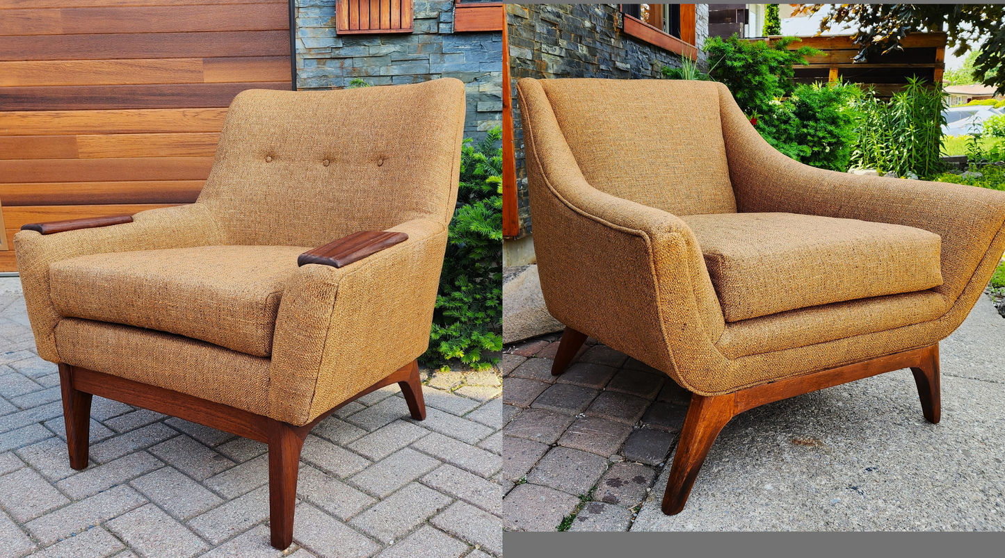 2 REFINISHED REUPHOLSTERED Mid Century Modern Armchairs & Ottoman