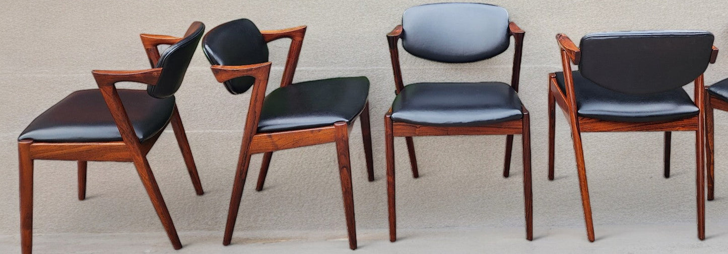 4 Danish Mid Century Modern Rosewood & Leather Chairs by Kai Kristiansen, Model 42
