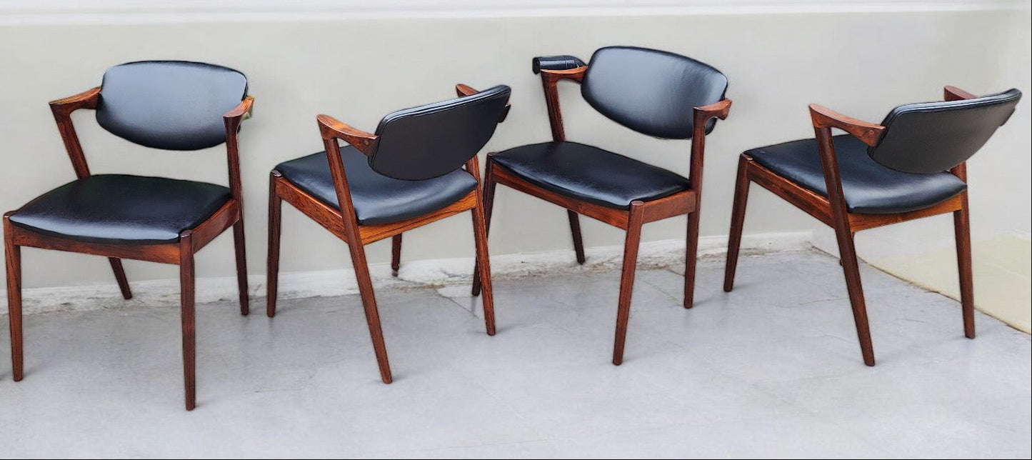 4 Danish Mid Century Modern Rosewood & Leather Chairs by Kai Kristiansen, Model 42