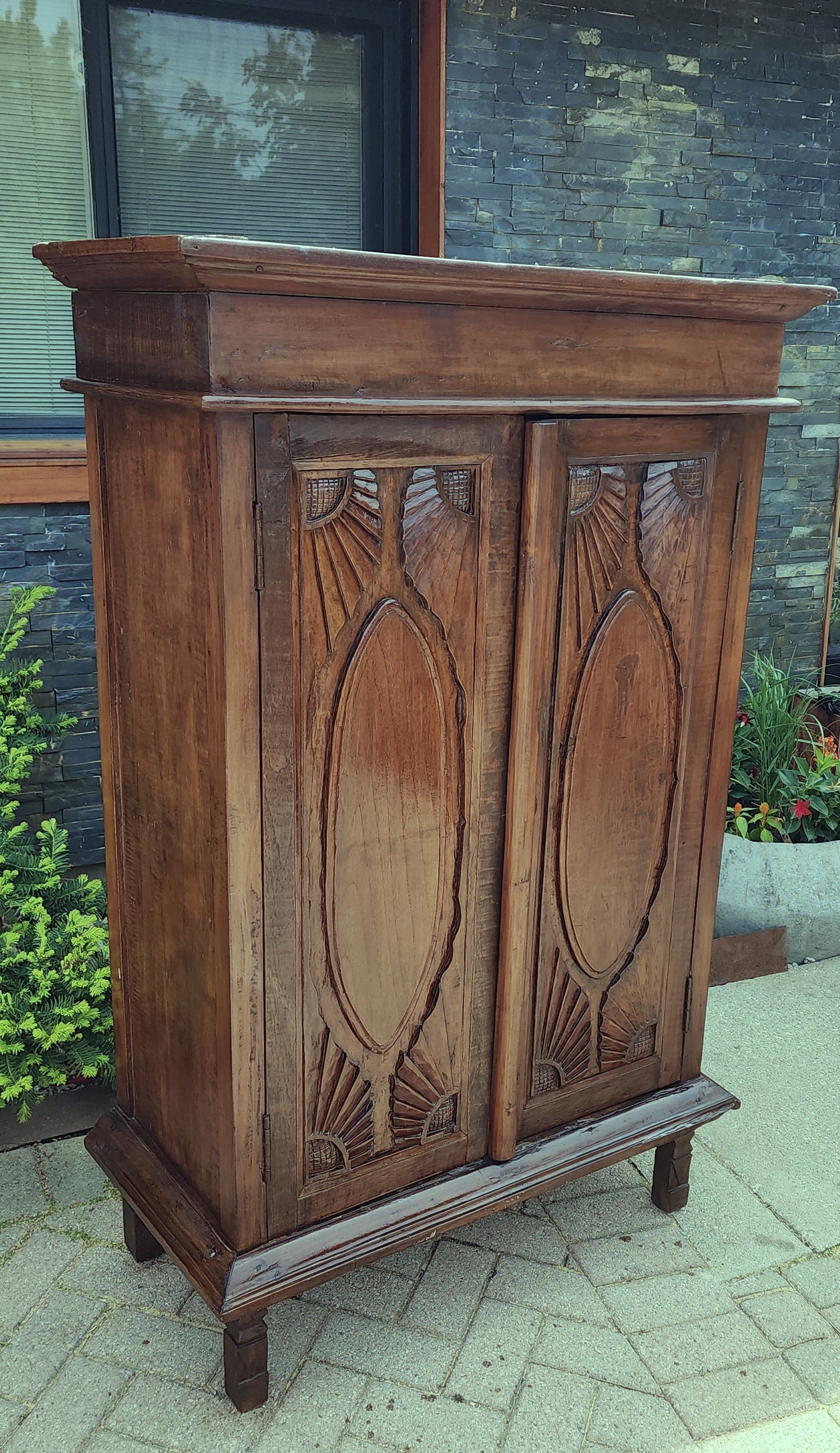 Antique Indian Teak Armoire Hand Carved, compact