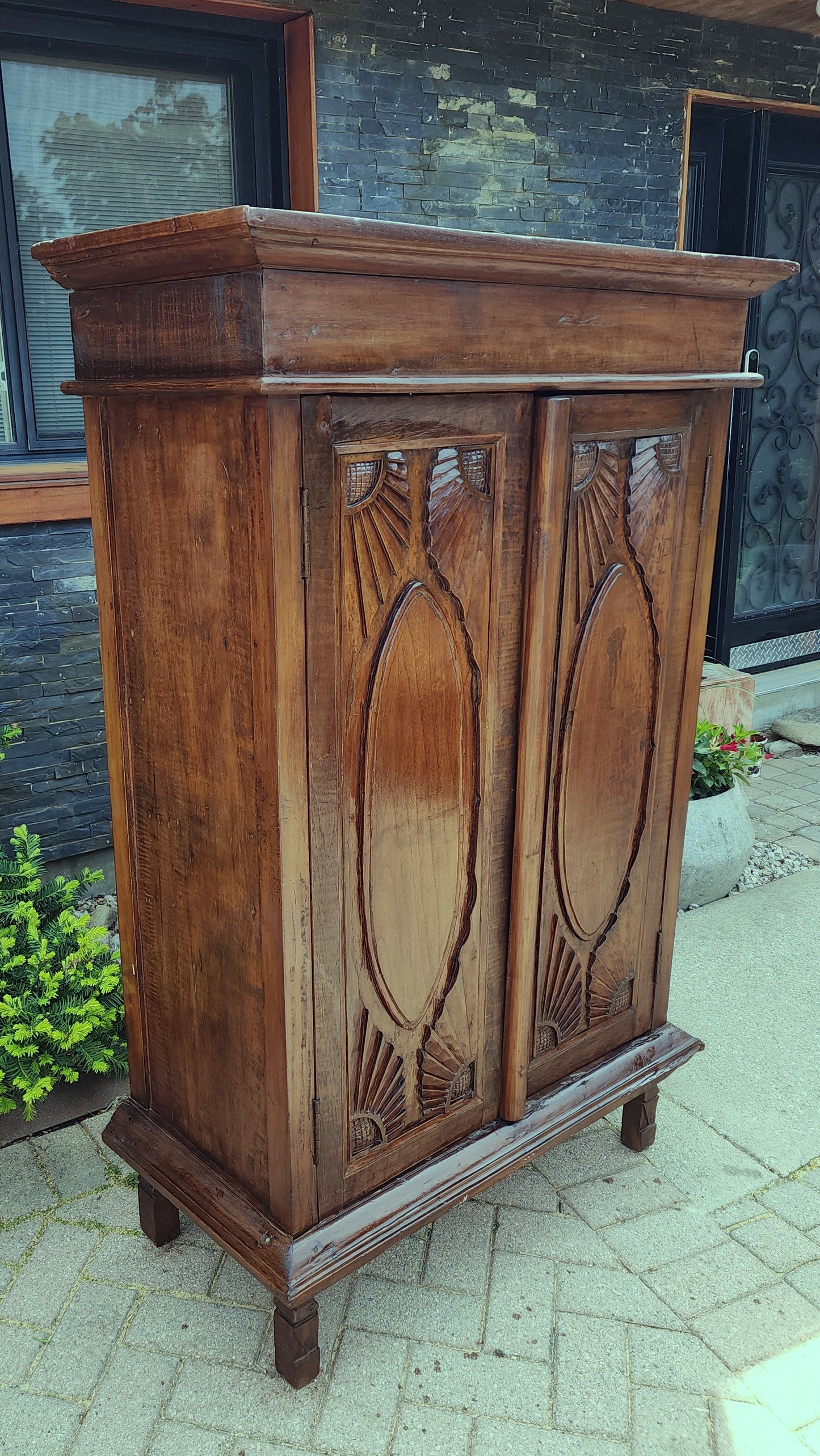 Antique Indian Teak Armoire Hand Carved, compact