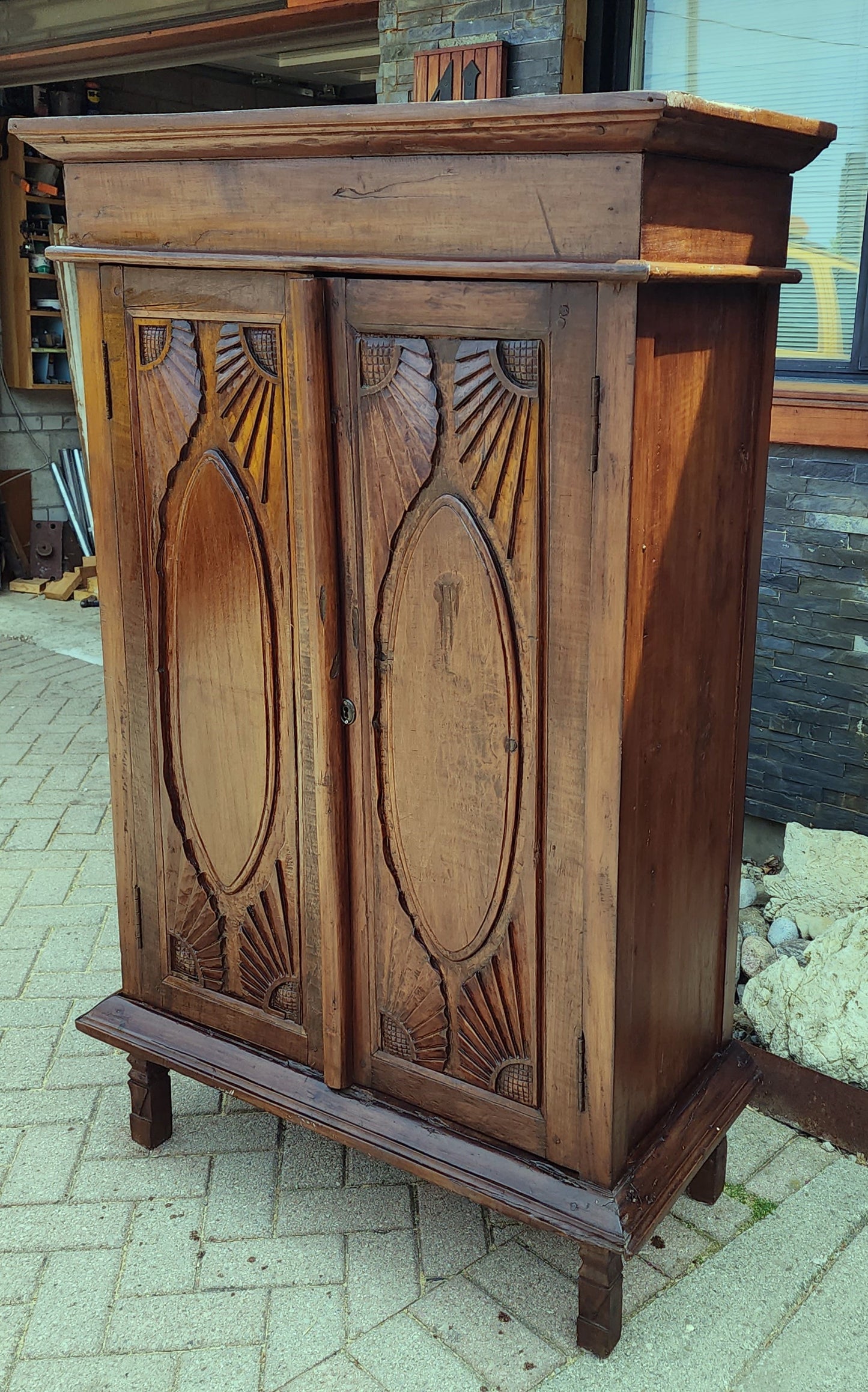 Antique Indian Teak Armoire Hand Carved, compact
