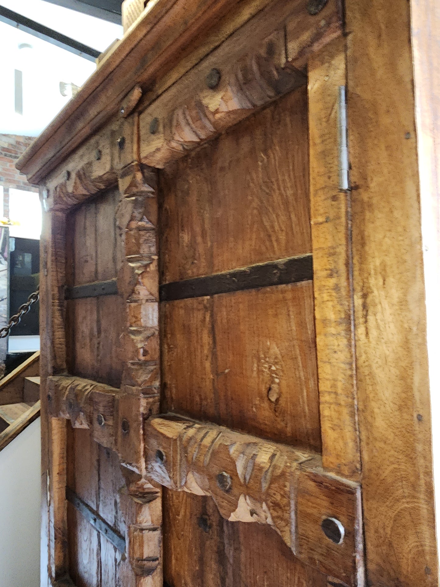 Indian 19th Century Gujarat Teak Armoire with Iron Braces and Carved Columns