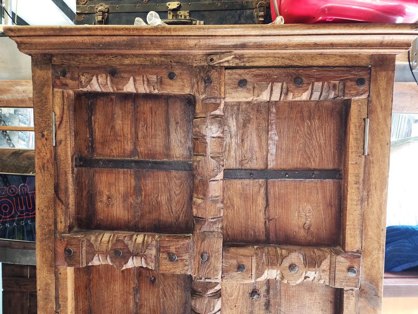Indian 19th Century Gujarat Teak Armoire with Iron Braces and Carved Columns