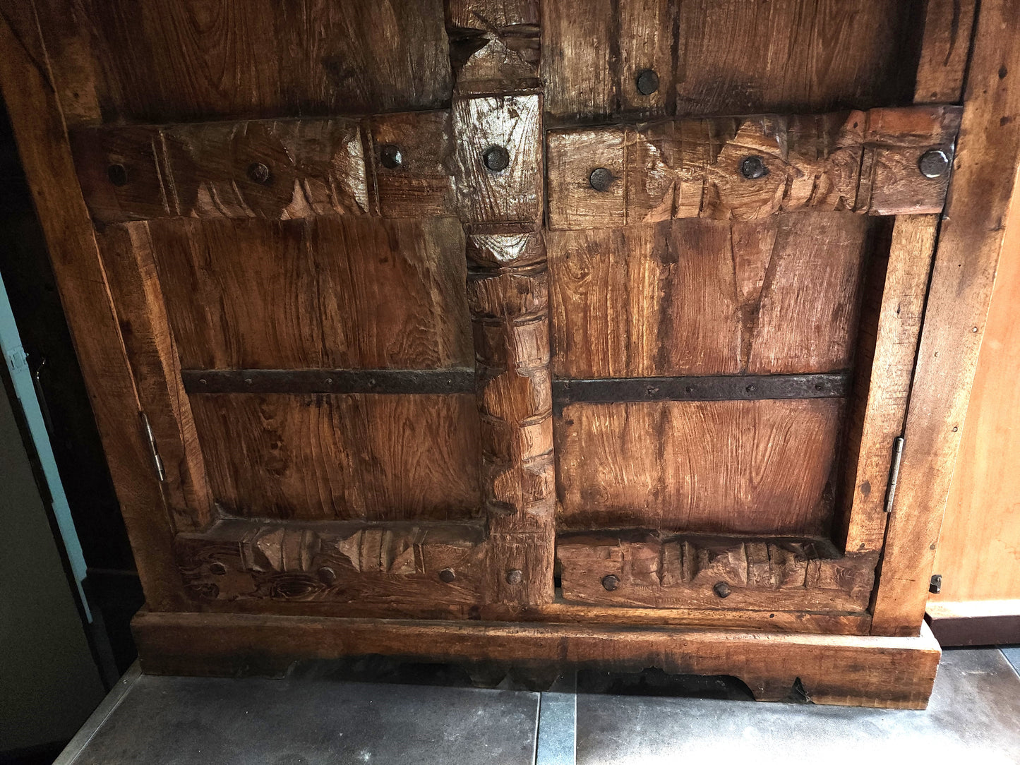 Indian 19th Century Gujarat Teak Armoire with Iron Braces and Carved Columns