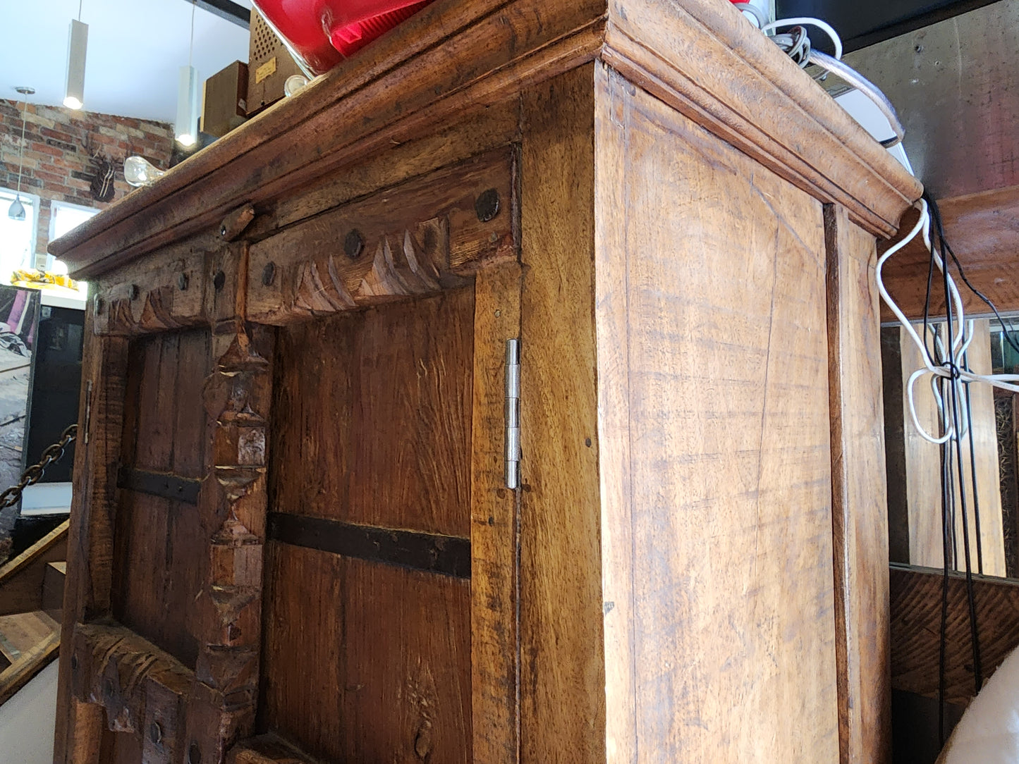 Indian 19th Century Gujarat Teak Armoire with Iron Braces and Carved Columns