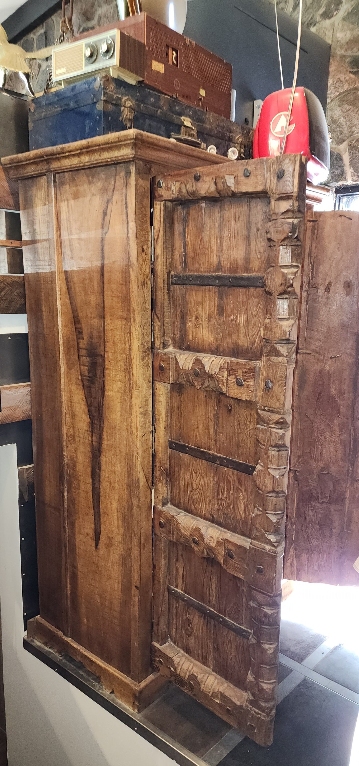 Indian 19th Century Gujarat Teak Armoire with Iron Braces and Carved Columns