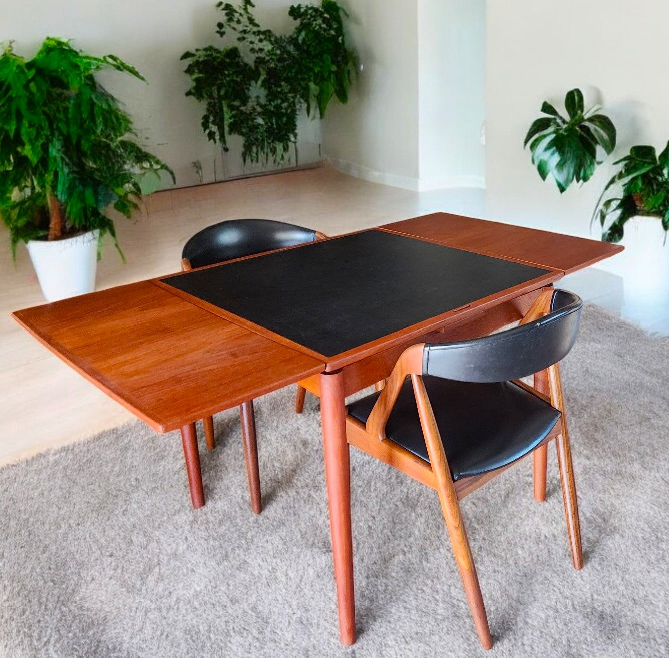 REFINISHED Danish MCM Teak & Black Extendable Games or Dining Table by Poul Hundevad