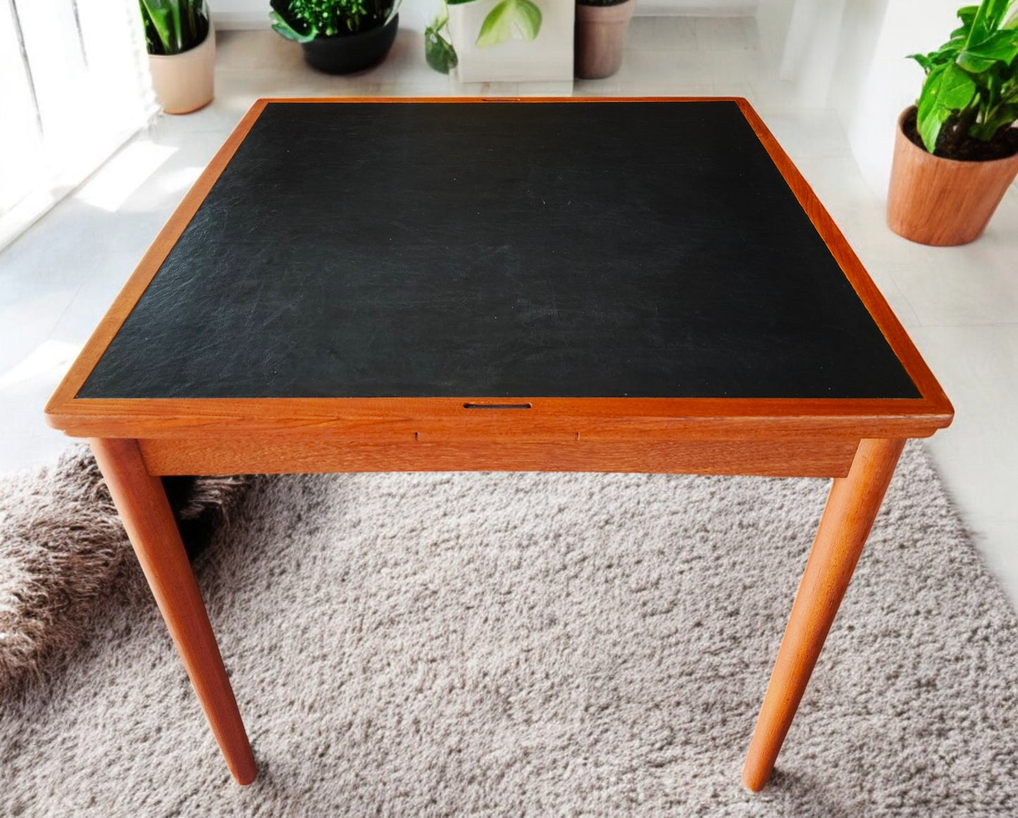 REFINISHED Danish MCM Teak & Black Extendable Games or Dining Table by Poul Hundevad