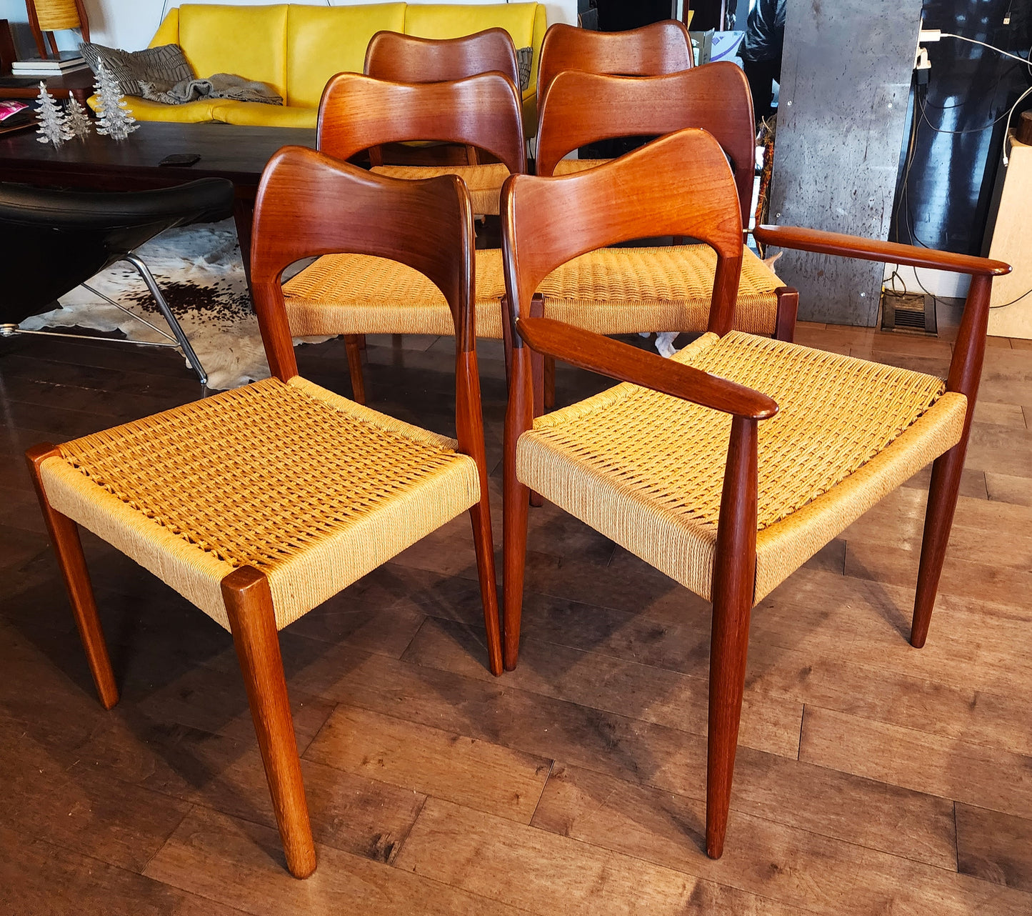 6 RESTORED Danish Mid Century Modern Teak & Papercord Chairs by A.H. Olsen for M.Kold