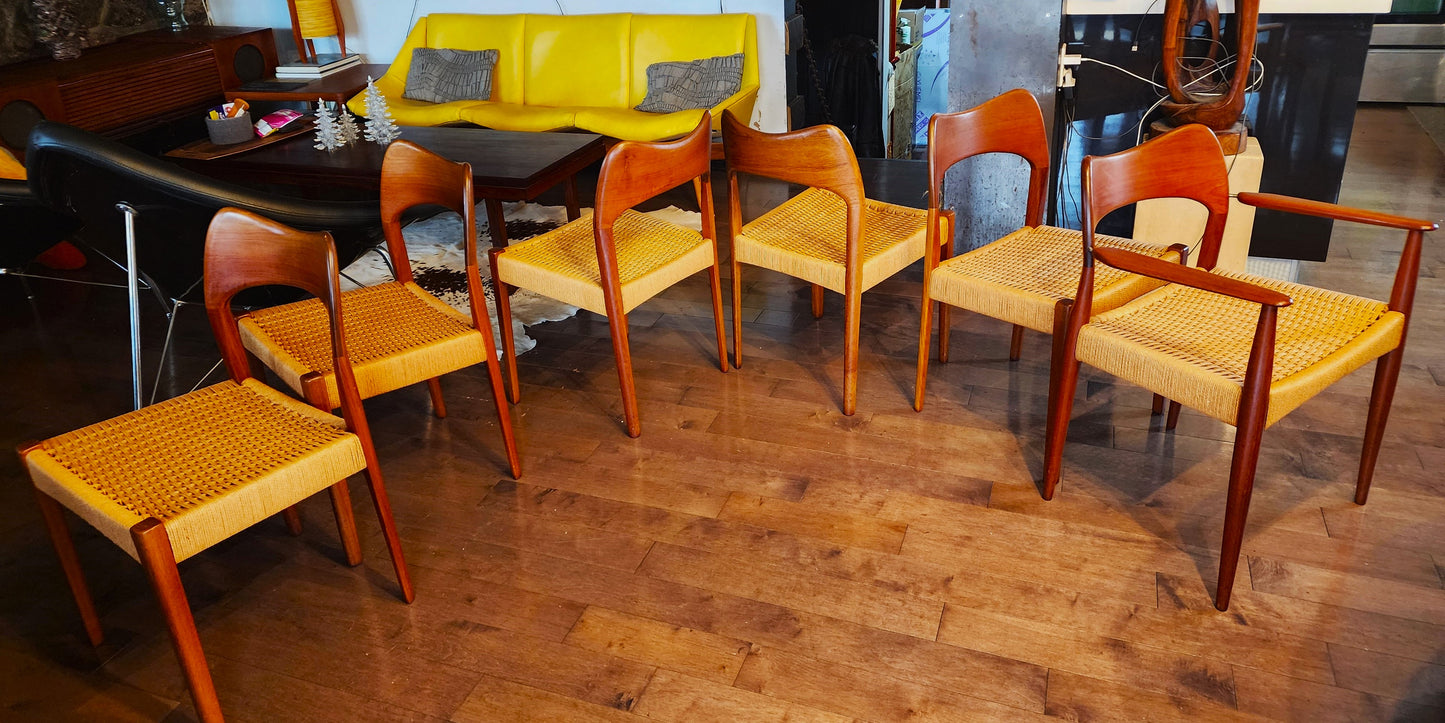 6 RESTORED Danish Mid Century Modern Teak & Papercord Chairs by A.H. Olsen for M.Kold