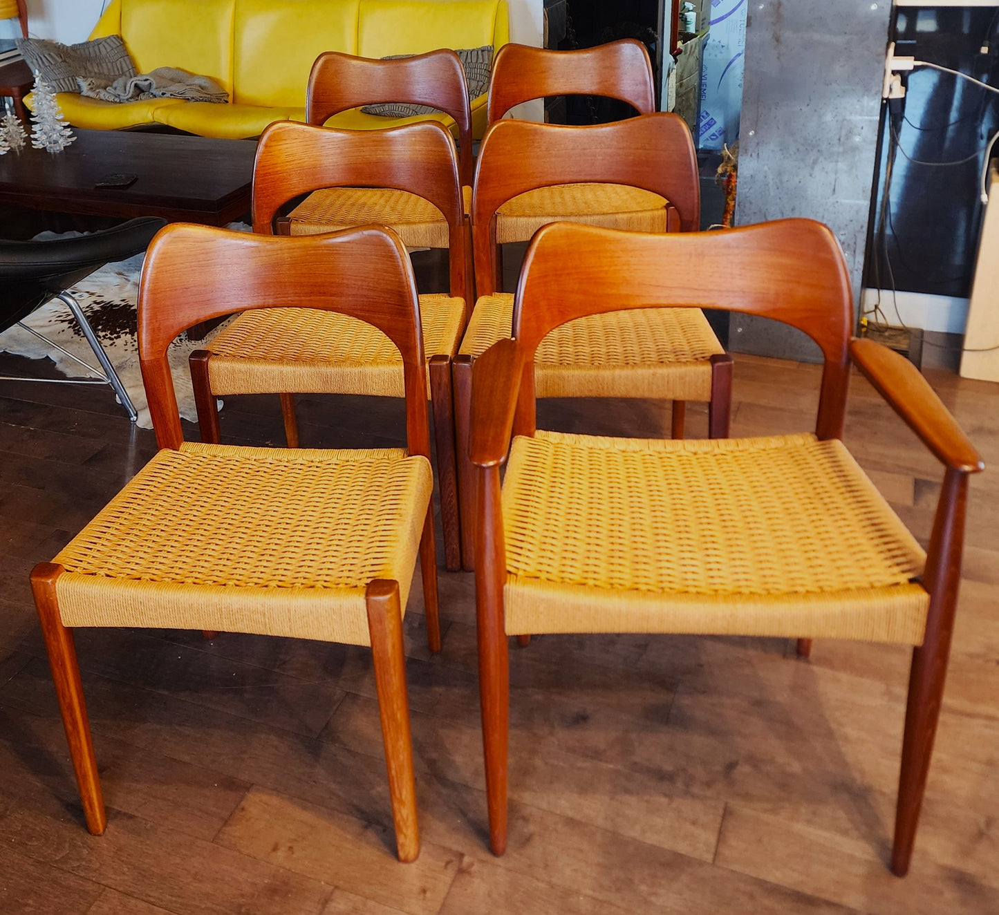 6 RESTORED Danish Mid Century Modern Teak & Papercord Chairs by A.H. Olsen for M.Kold