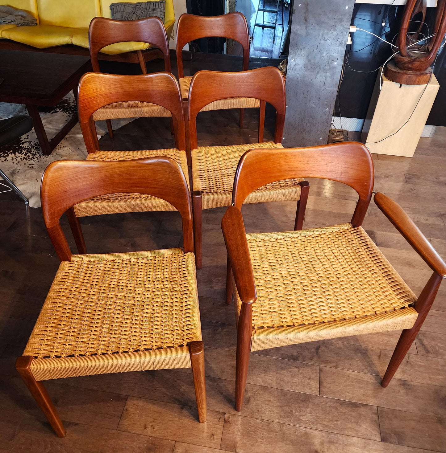 6 RESTORED Danish Mid Century Modern Teak & Papercord Chairs by A.H. Olsen for M.Kold
