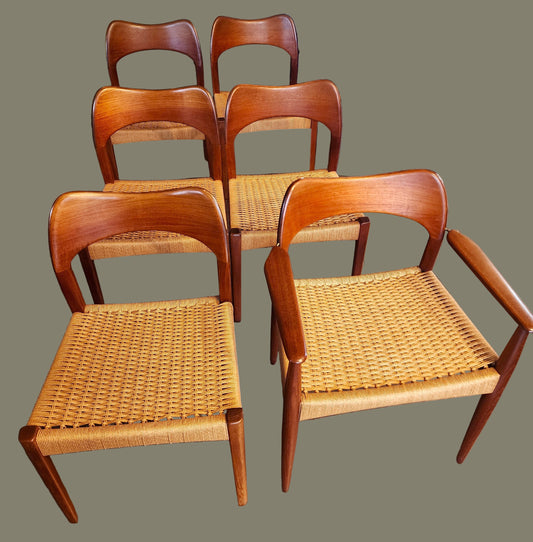 6 RESTORED Danish Mid Century Modern Teak & Papercord Chairs by A.H. Olsen for M.Kold