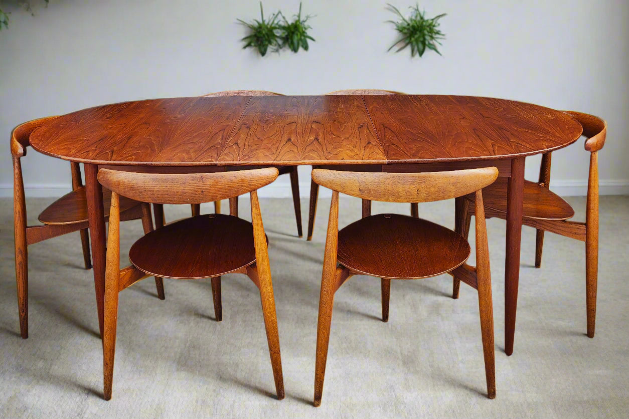 RESTORED Mid Century Modern teak "Heart" set of expansion table & 6 chairs by Hans J Wegner