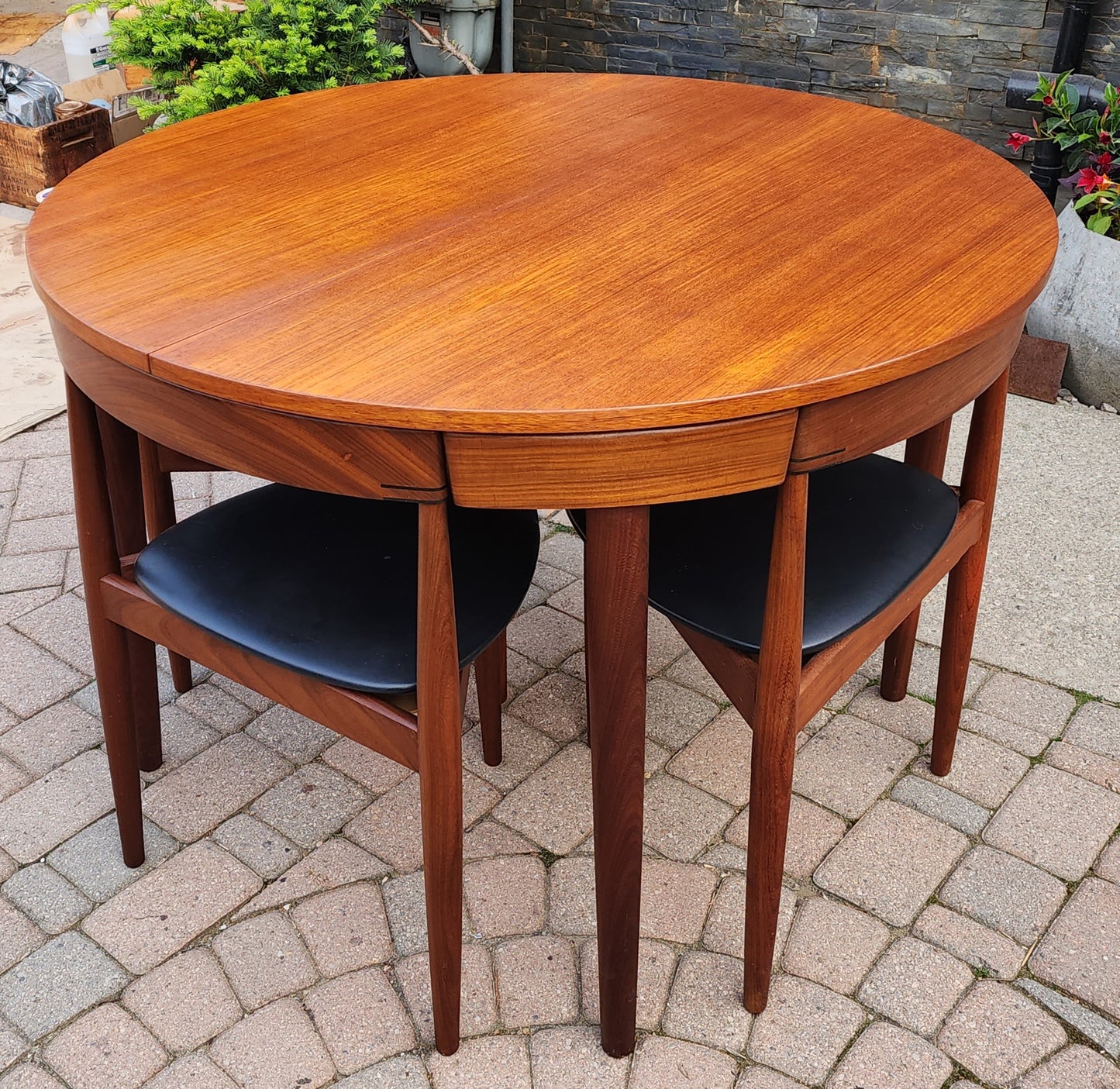 REFINISHED Danish MCM ROUNDETTE Teak Extension Table & 4 Chairs by Hans Olsen