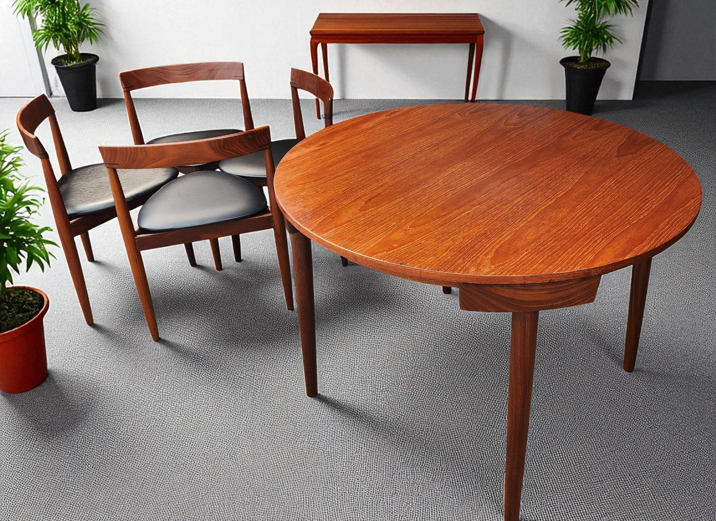 Danish Mid Century Modern ROUNDETTE Teak Table & 4 Chairs by Hans Olsen for Frem Rølje
