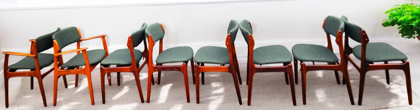 8 REUPHOLSTERED in wool Danish MCM Rosewood Chairs by Erik Buch, model 49, 50