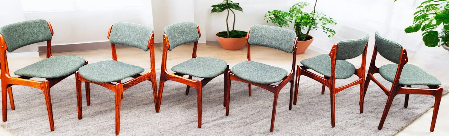 8 REUPHOLSTERED in wool Danish MCM Rosewood Chairs by Erik Buch, model 49, 50