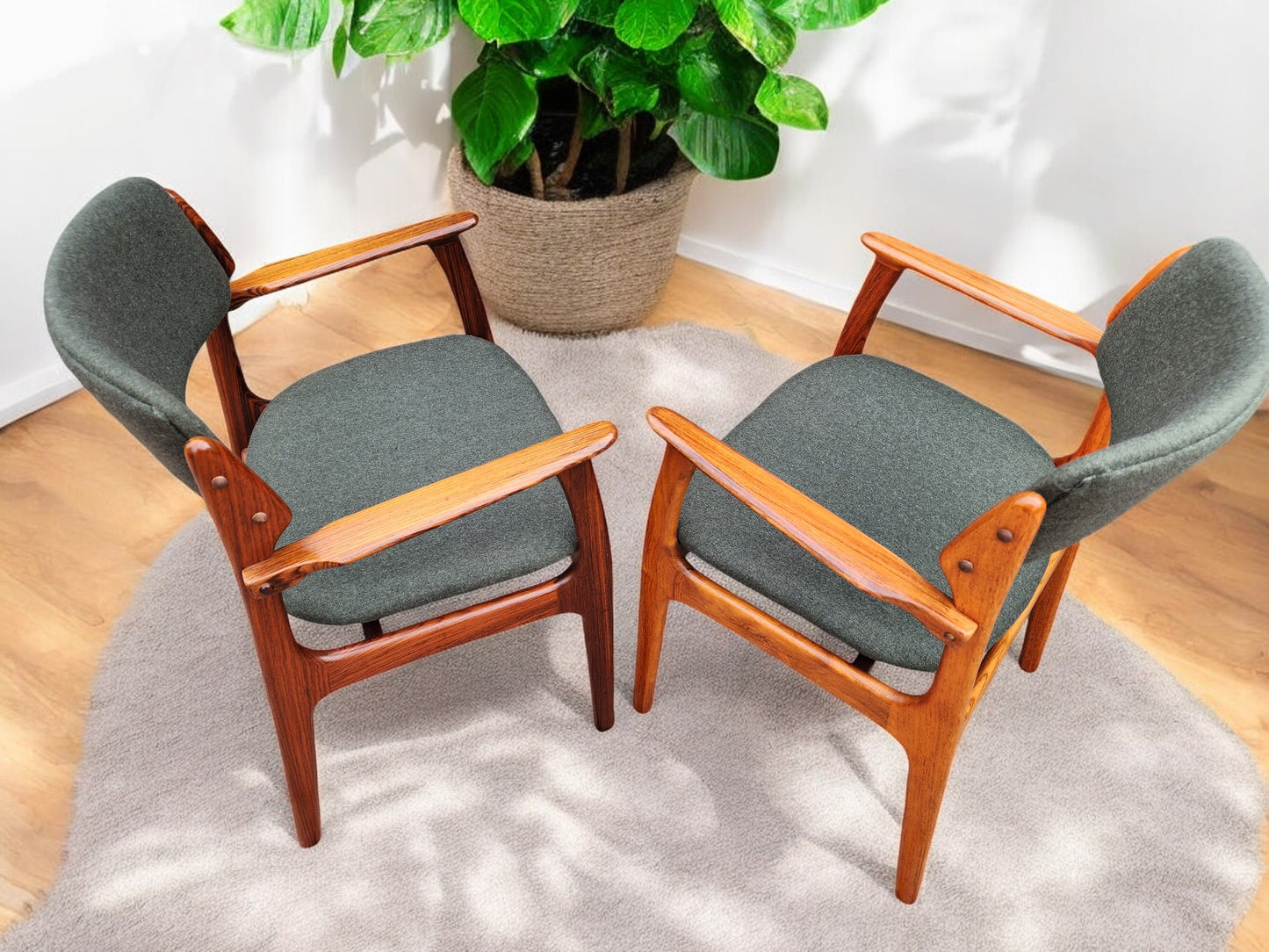 8 REUPHOLSTERED in wool Danish MCM Rosewood Chairs by Erik Buch, model 49, 50