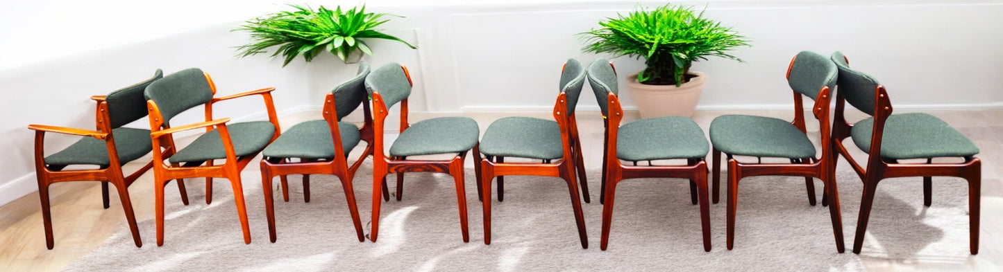 8 REUPHOLSTERED in wool Danish MCM Rosewood Chairs by Erik Buch, model 49, 50