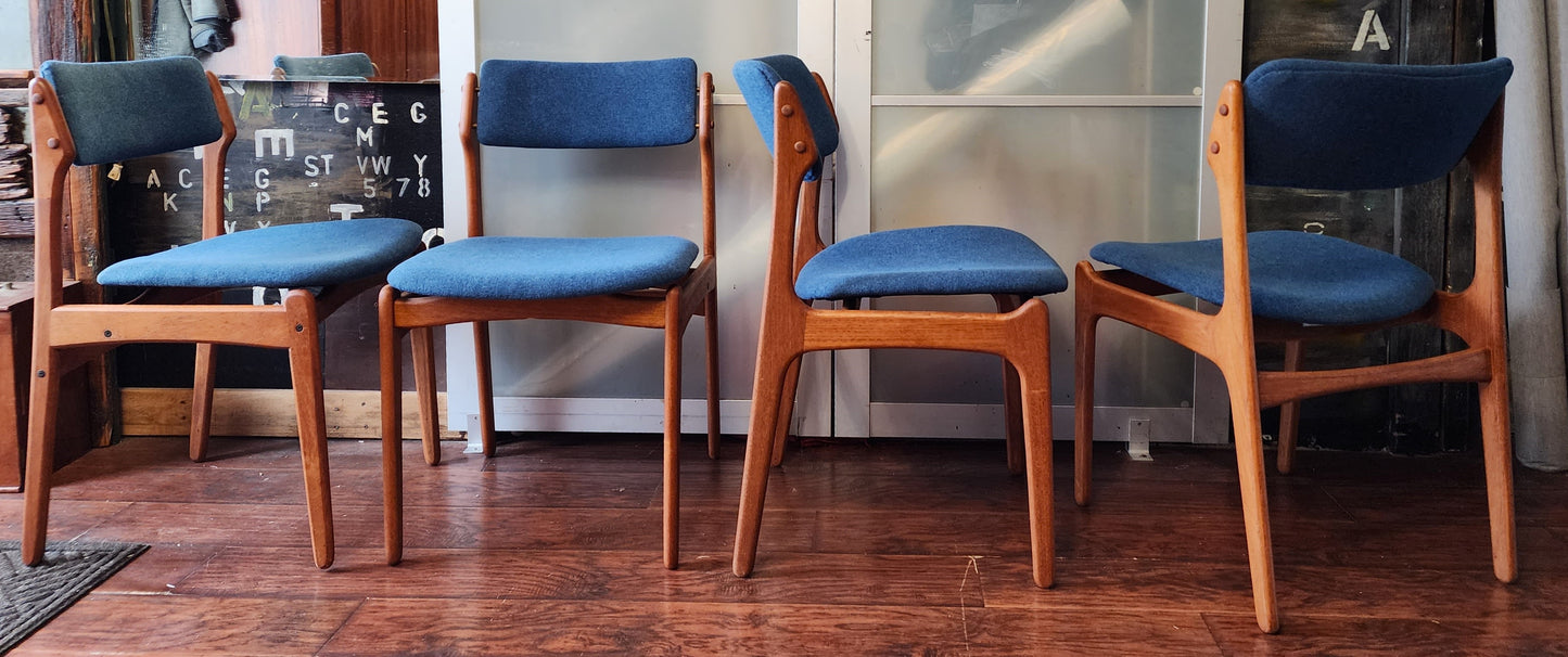 4 REFINISHED REUPHOLSTERED Danish Mid Century Modern Teak Chairs by Erik Buch