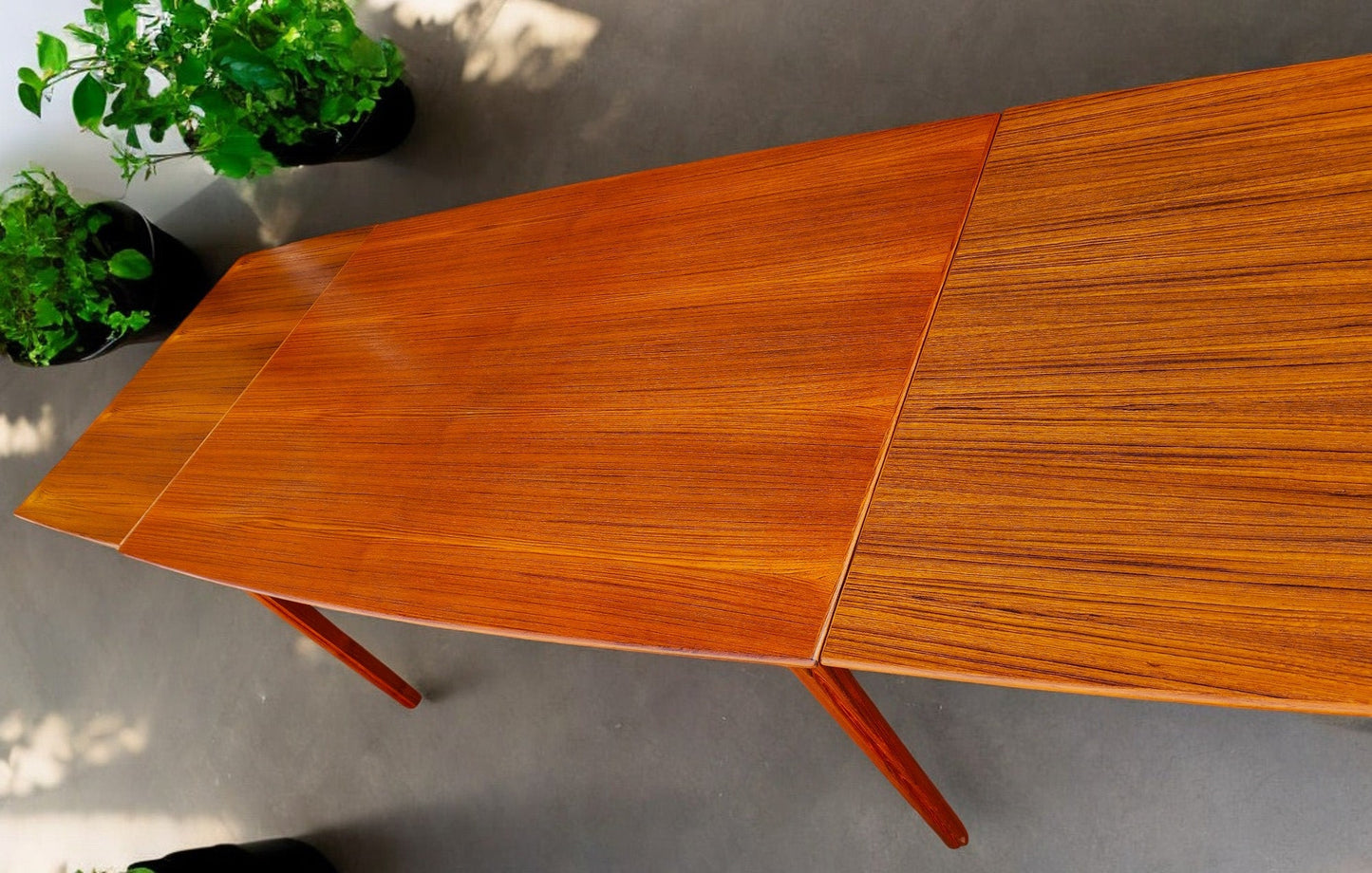 REFINISHED Danish MCM Teak Table Draw Leaf Surfboard Shape by DYRLUND 59"-102"