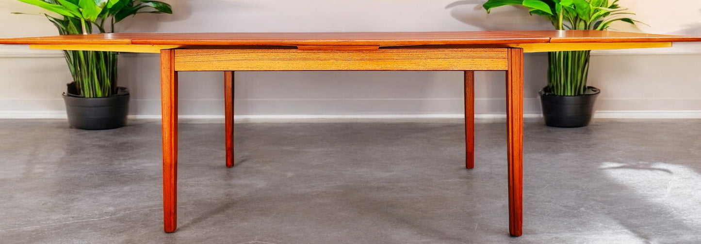 REFINISHED Danish MCM Teak Table Draw Leaf Surfboard Shape by DYRLUND 59"-102"
